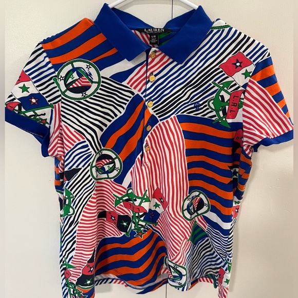 Lauren Ralph Lauren Print Piqué Polo Shirt multi-colored Sapphire Star women’s L - Picture 2 of 10